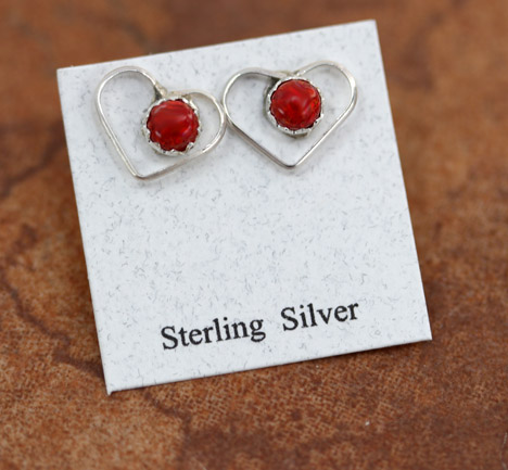 Navajo Silver Coral Heart Earrings