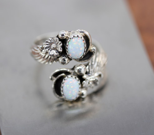 Navajo Silver Created Opal Spoon Ring Size 6_9