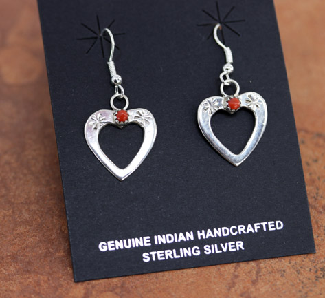 Navajo Silver Coral Heart Earrings