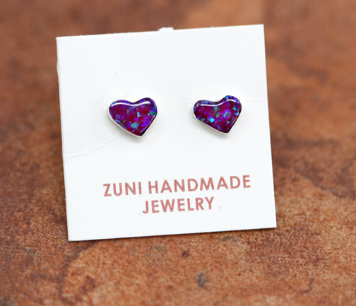 Zuni Sterling Silver Created Opal Heart Earrings