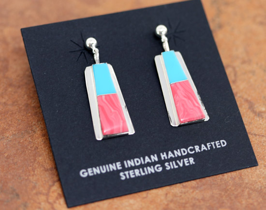 Navajo Silver Turquoise Pink Quartz Earrings