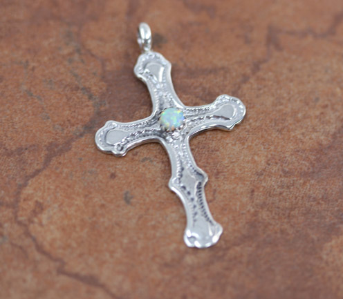Navajo Sterling Silver Created Opal Cross Pendant