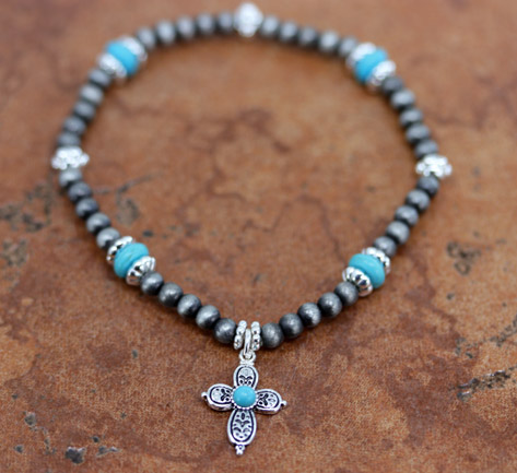 Southwest Style Cross Turquoise Stretch Bracelet