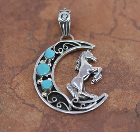 Navajo Silver Turquoise Horse Moon Pendant