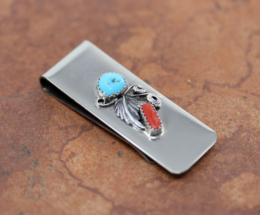 Navajo Native American Turquoise Coral Money Clip