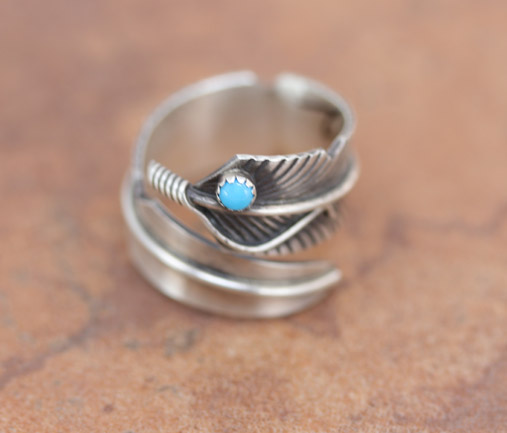 Navajo Silver Turquoise Feather Ring Size 6_9