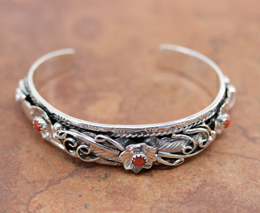 Navajo Sterling Coral Floral Cuff Bracelet