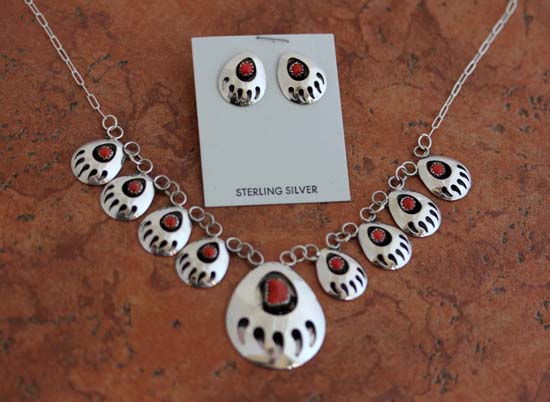Navajo Coral Bear Paw Necklace and Earrings Set