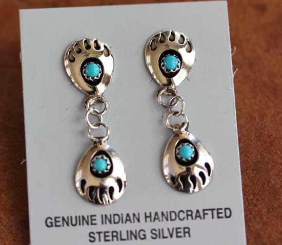 Navajo Turquoise Bear Paw Earrings by M Thomas