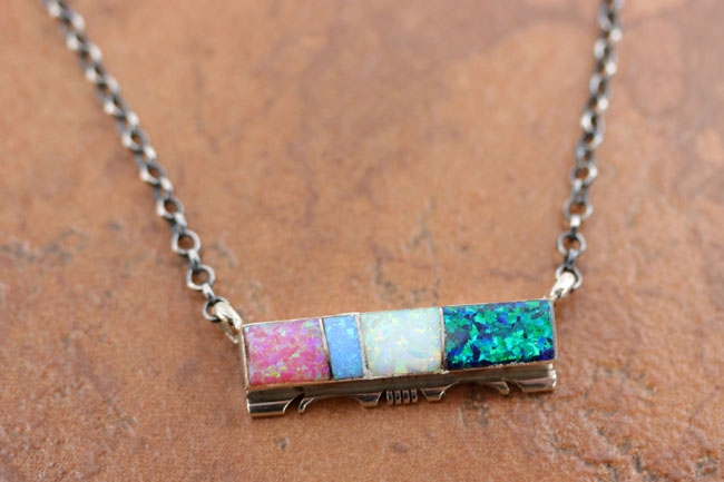 Navajo Sterling Silver Created Opal Bar Necklace