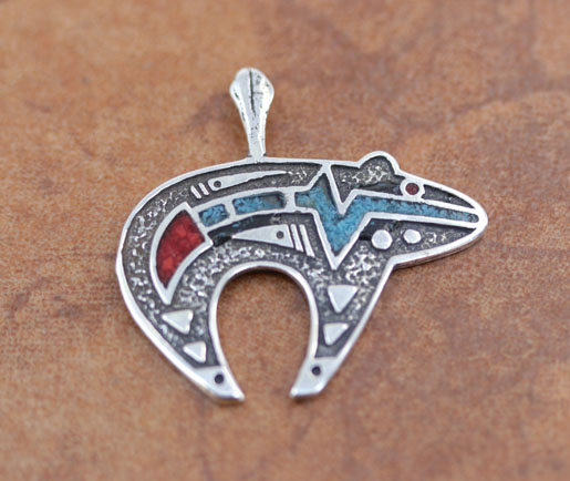 Silver Turquoise Coral Bear Pendant