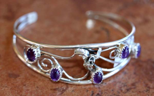 Navajo Native American Silver Created Amethyst Bracelet