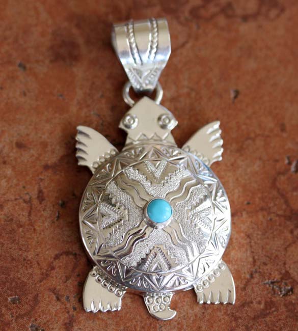 Navajo Silver Turquoise Turtle Pendant